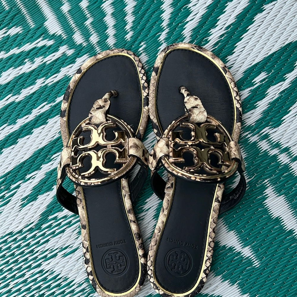 Tory Burch snakeskin and gold Miller sandals